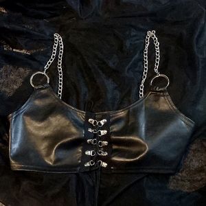 Lace Up Black Faux Leather O ring Crop Top